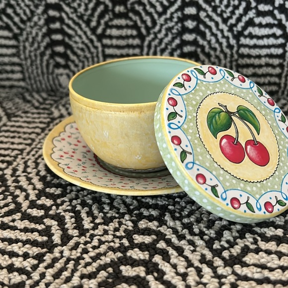 Mary Engelbreit Cherry Metal Teacup/Saucer Set - Picture 6 of 7